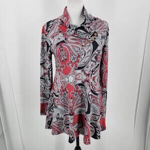 Miusey Tunic Blouse Womens Small Paisley Button Detail Neckline Coral Gray Black